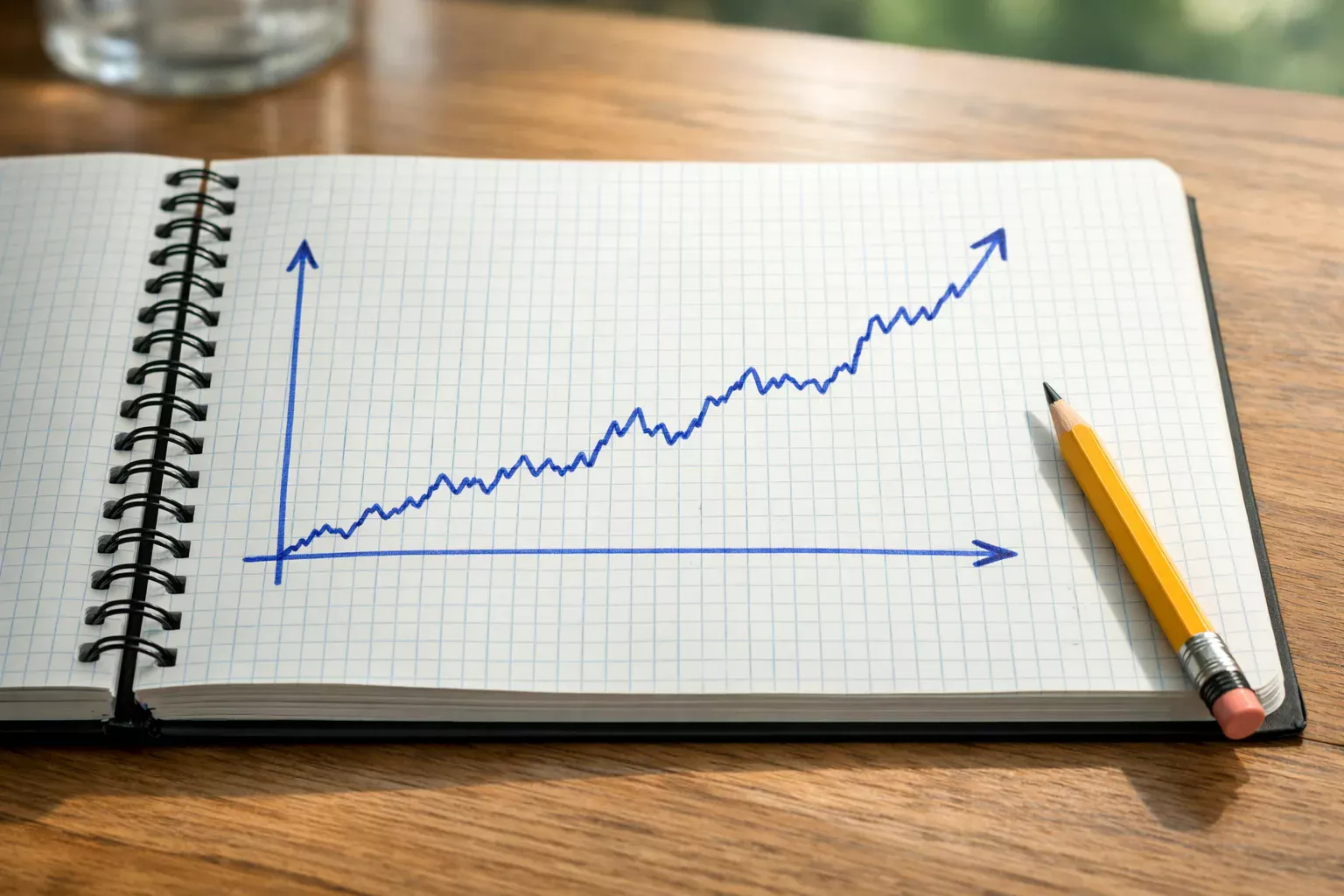 Gr&aacute;fico de l&iacute;nea ascendente dibujado a mano en una libreta cuadriculada