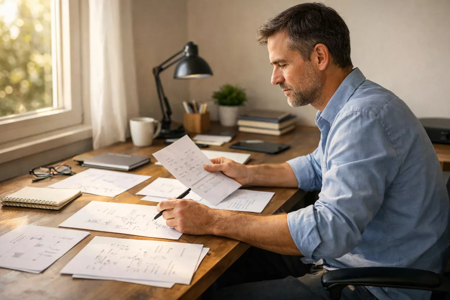 Persona analizando documentos y notas en un escritorio bien iluminado