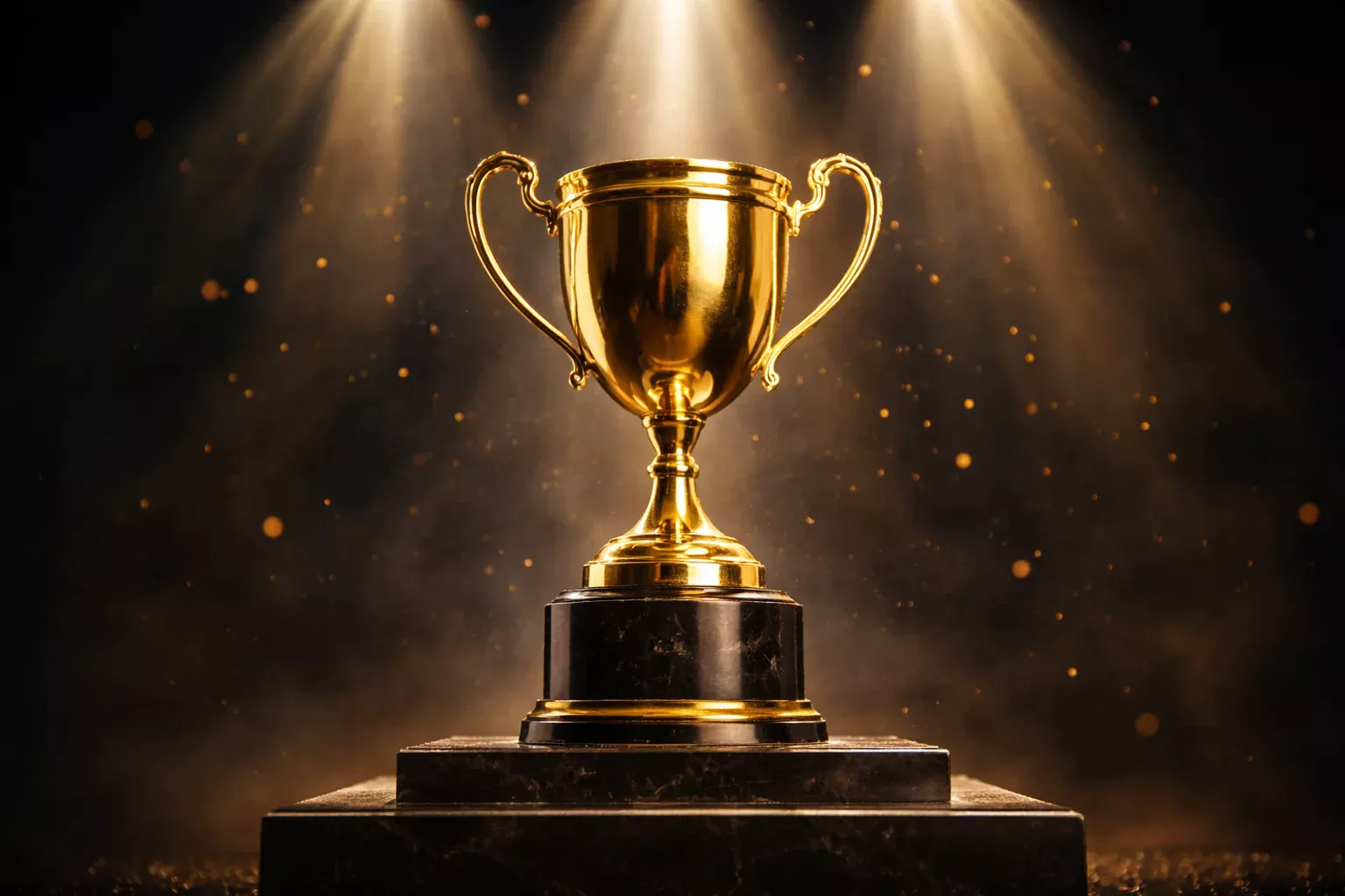 Vista panor&aacute;mica de un trofeo de campeonato sobre un pedestal con iluminaci&oacute;n dram&aacute;tica