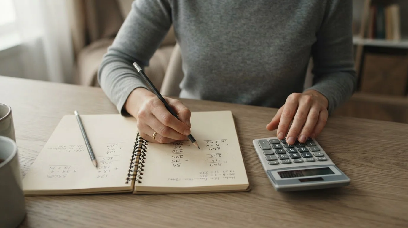 Manos sobre mesa realizando c&aacute;lculos con calculadora y papel, an&aacute;lisis de m&aacute;rgenes de apuestas