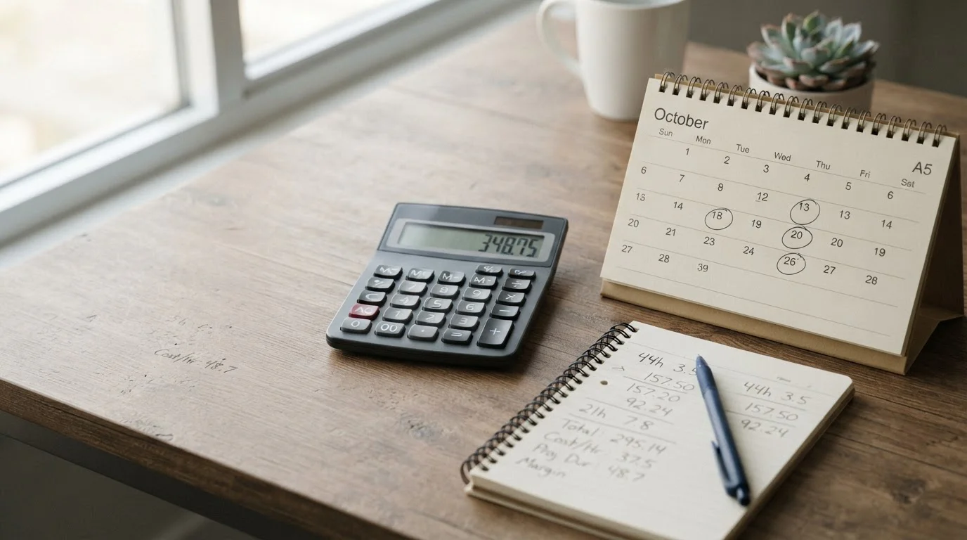 Calculadora y calendario ilustrando el c&aacute;lculo del coste de oportunidad por d&iacute;as de espera