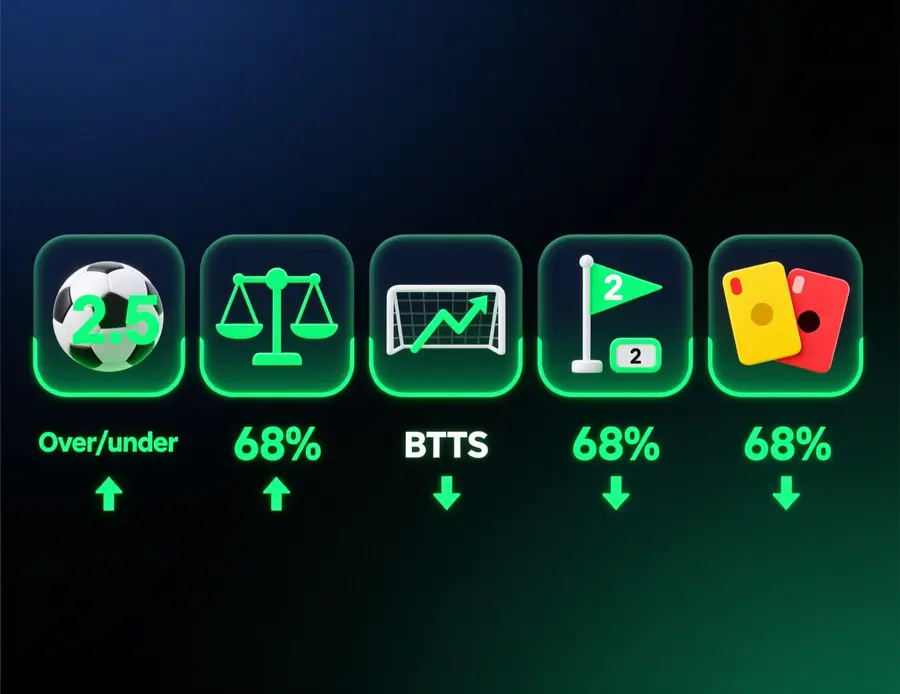Infograf&iacute;a de los 5 mercados m&aacute;s rentables: over/under, h&aacute;ndicap asi&aacute;tico, BTTS, corners y tarjetas