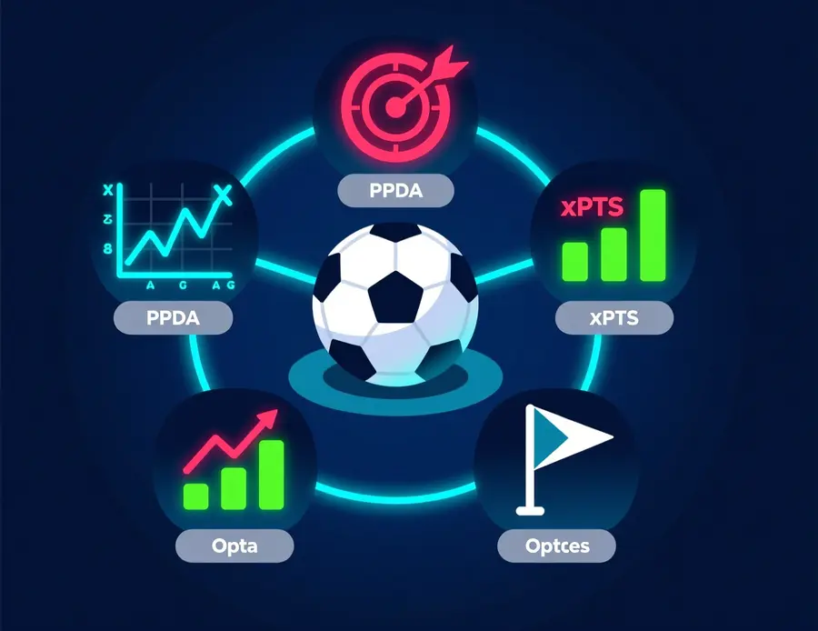 Infograf&iacute;a de las 5 m&eacute;tricas clave para apuestas de f&uacute;tbol: xG, PPDA, big chances, xPTS y bal&oacute;n parado