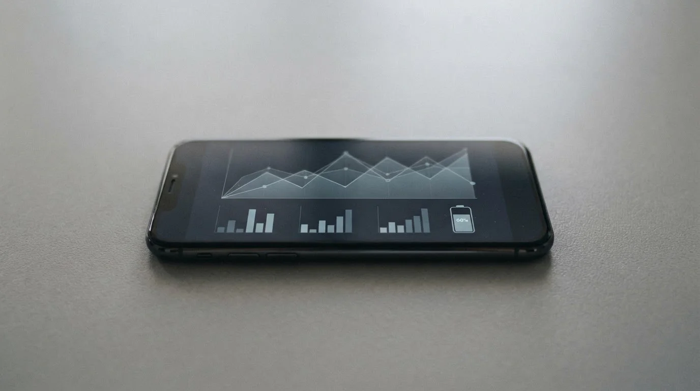 Smartphone mostrando indicadores de consumo de datos y bater&iacute;a durante uso de aplicaci&oacute;n