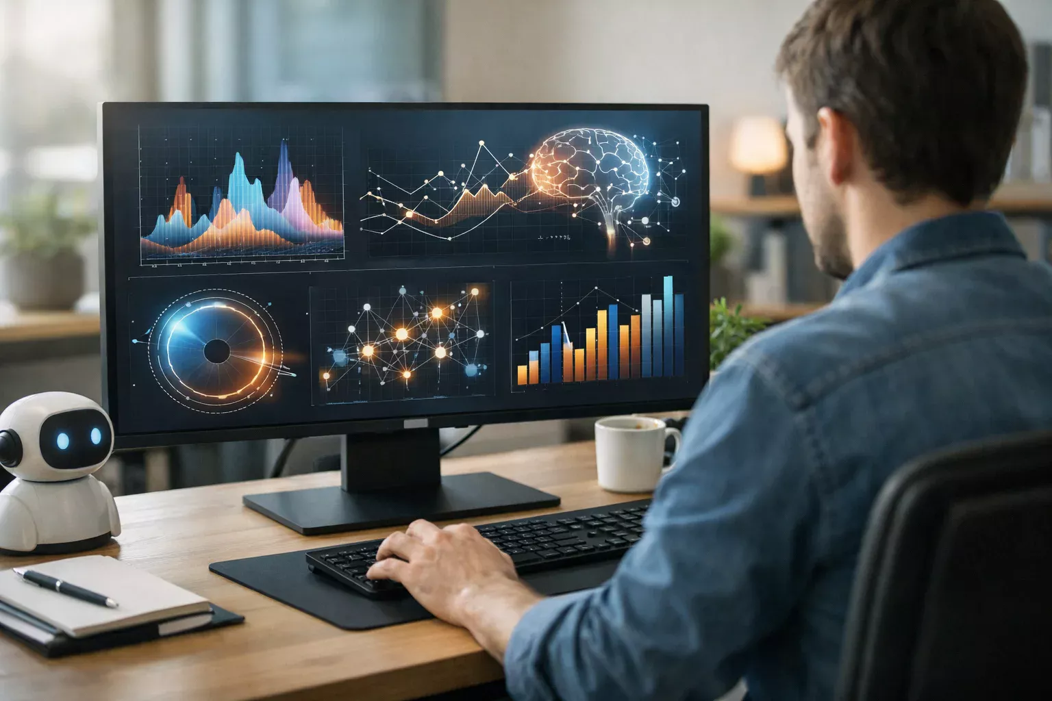 Persona trabajando en ordenador con gr&aacute;ficos de datos en pantalla
