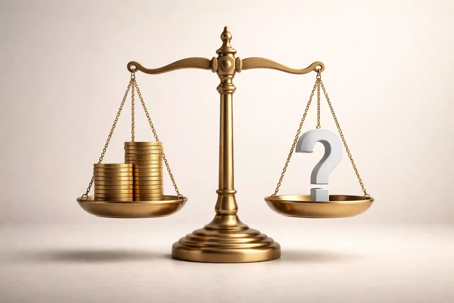 Balanza con monedas en un lado y un signo de interrogaci&oacute;n en el otro