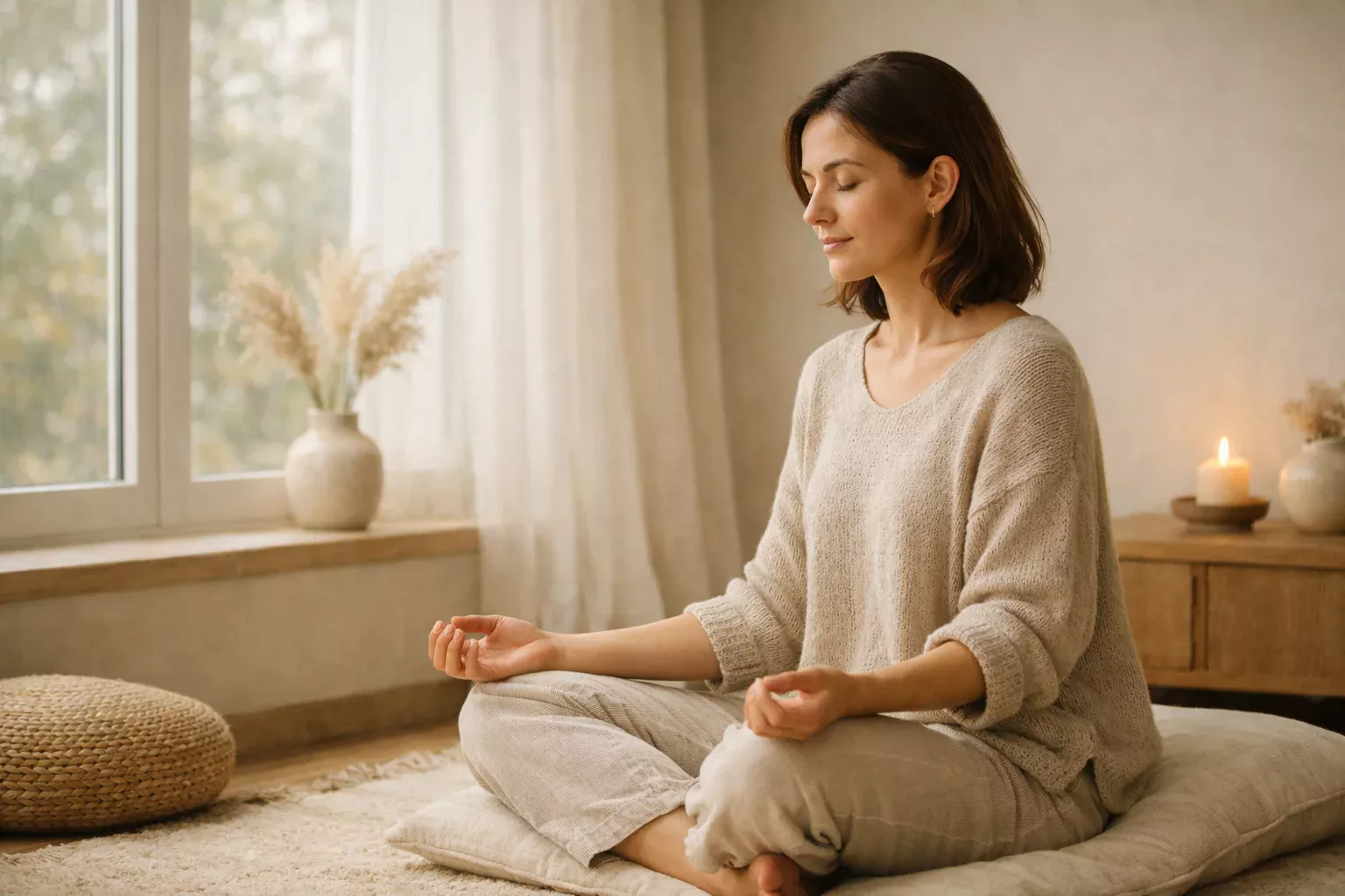 Persona meditando en posici&oacute;n serena junto a una ventana con luz suave
