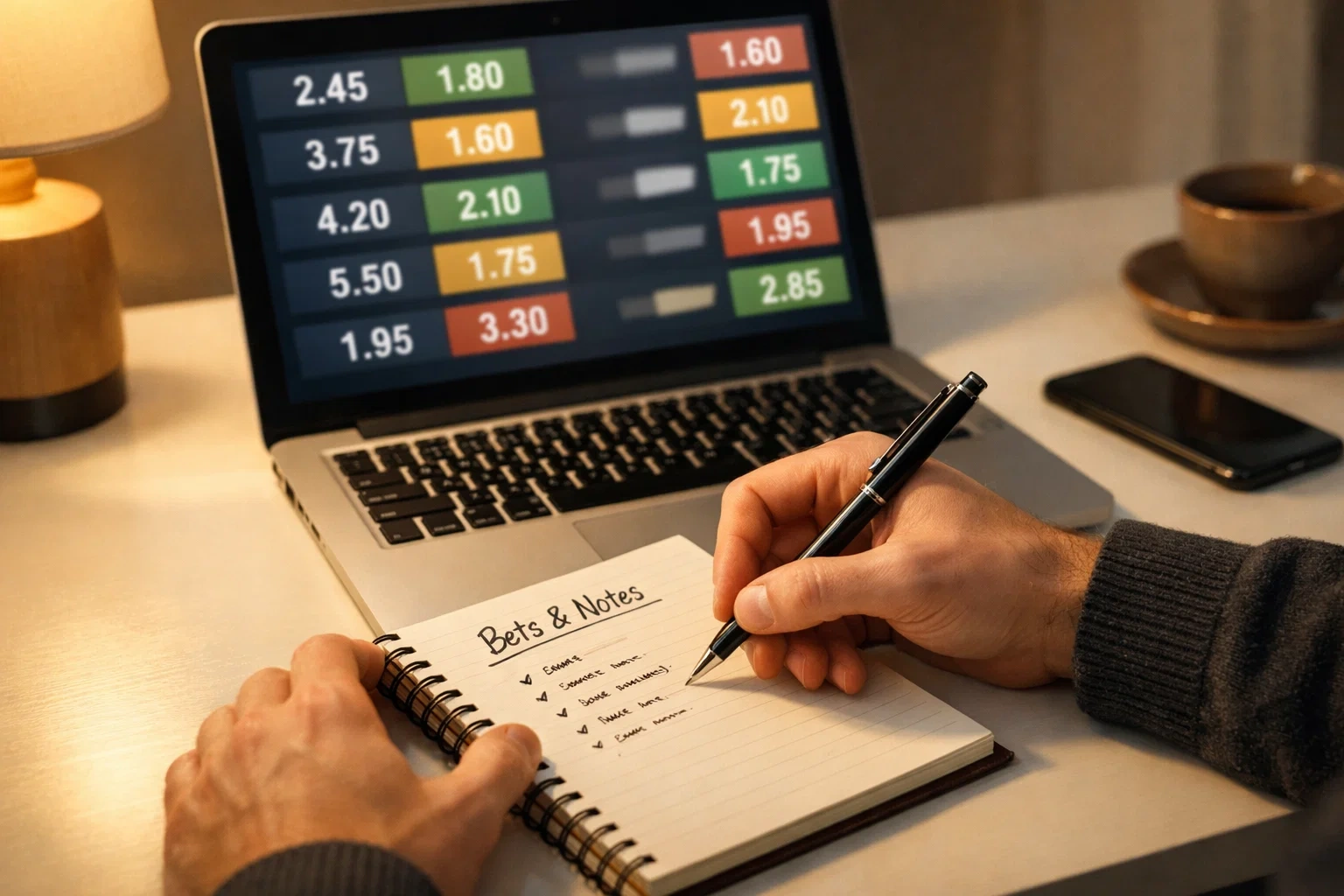 Persona escribiendo notas en un cuaderno junto a ordenador