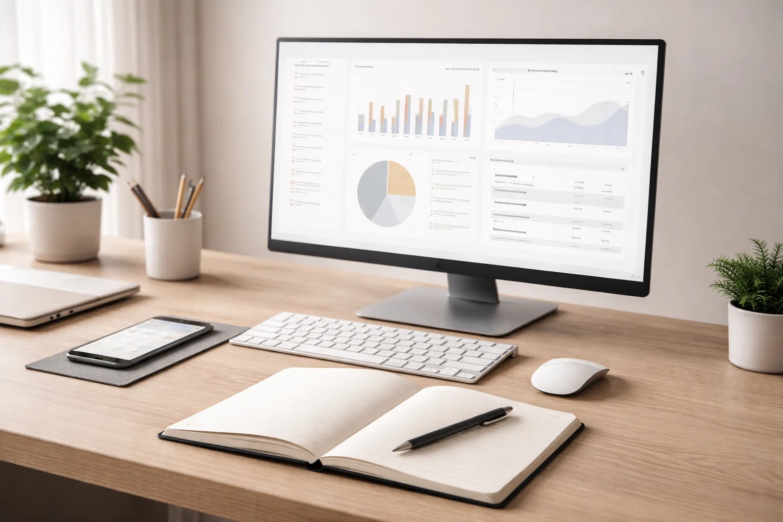 Escritorio organizado con ordenador, m&oacute;vil y cuaderno de notas