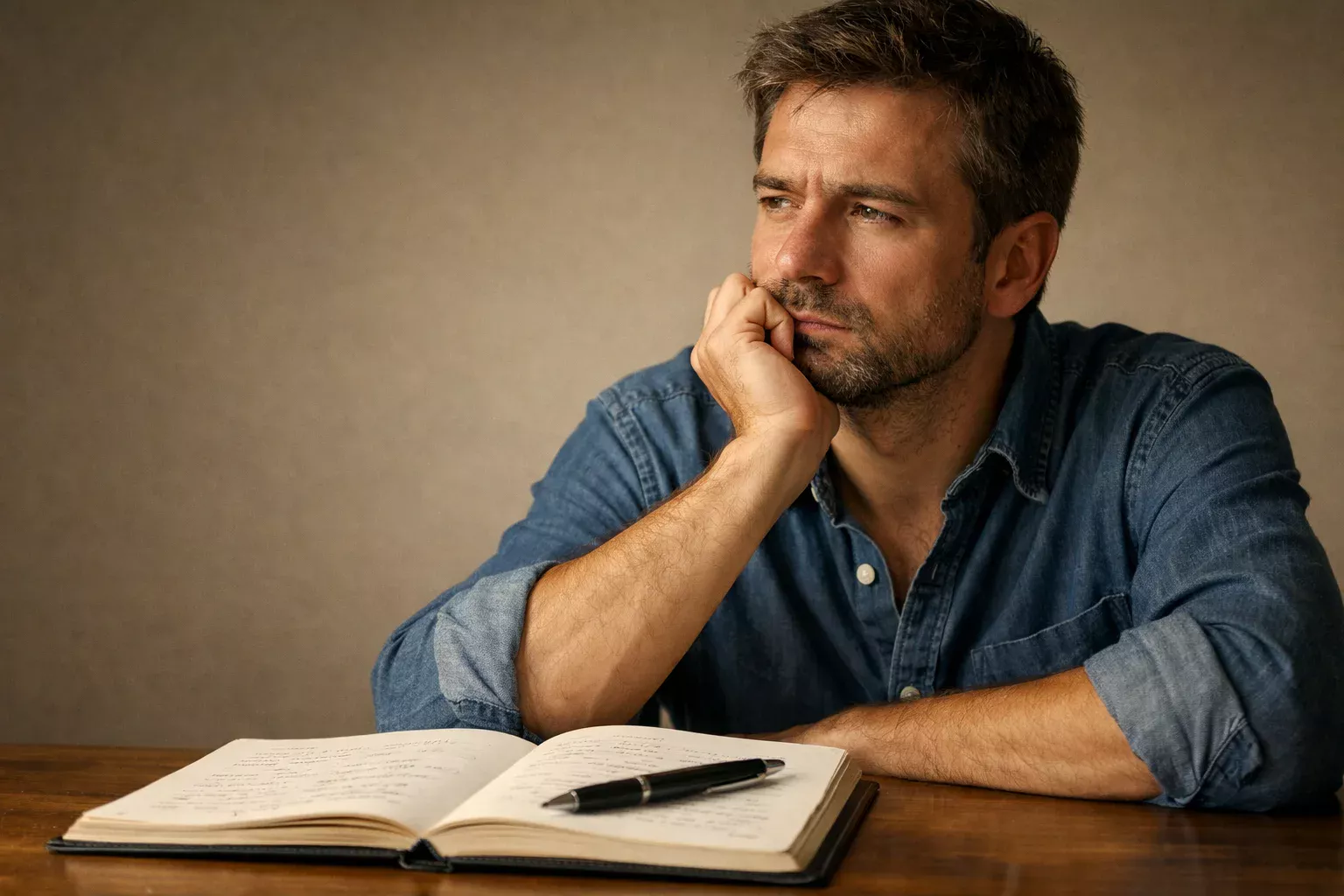 Persona pensativa con la mano en la barbilla frente a una libreta con anotaciones y un bol&iacute;grafo