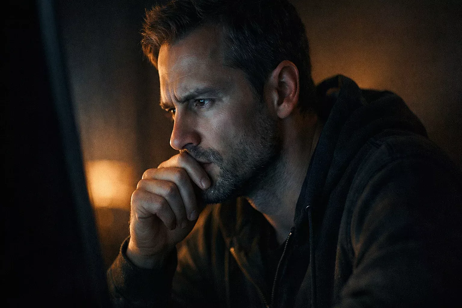 Persona con expresi&oacute;n concentrada mirando una pantalla de ordenador en penumbra