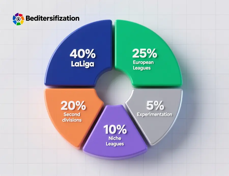 Gr&aacute;fico circular de estrategia de diversificaci&oacute;n mensual: 40% LaLiga, 25% ligas europeas, 20% segundas divisiones, 10% ligas nicho, 5% experimentaci&oacute;n