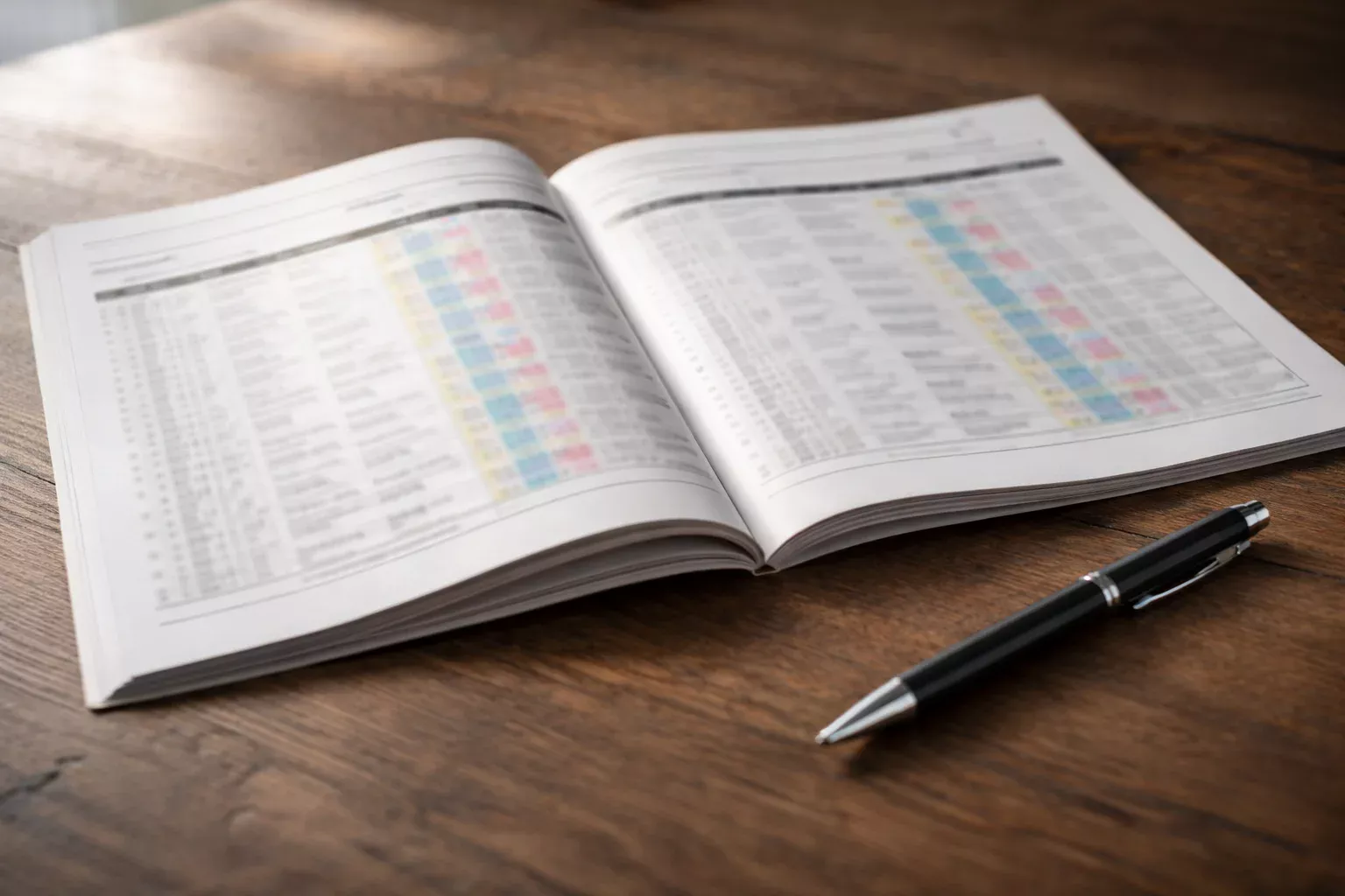 Programa de carreras y bol&iacute;grafo sobre superficie de madera