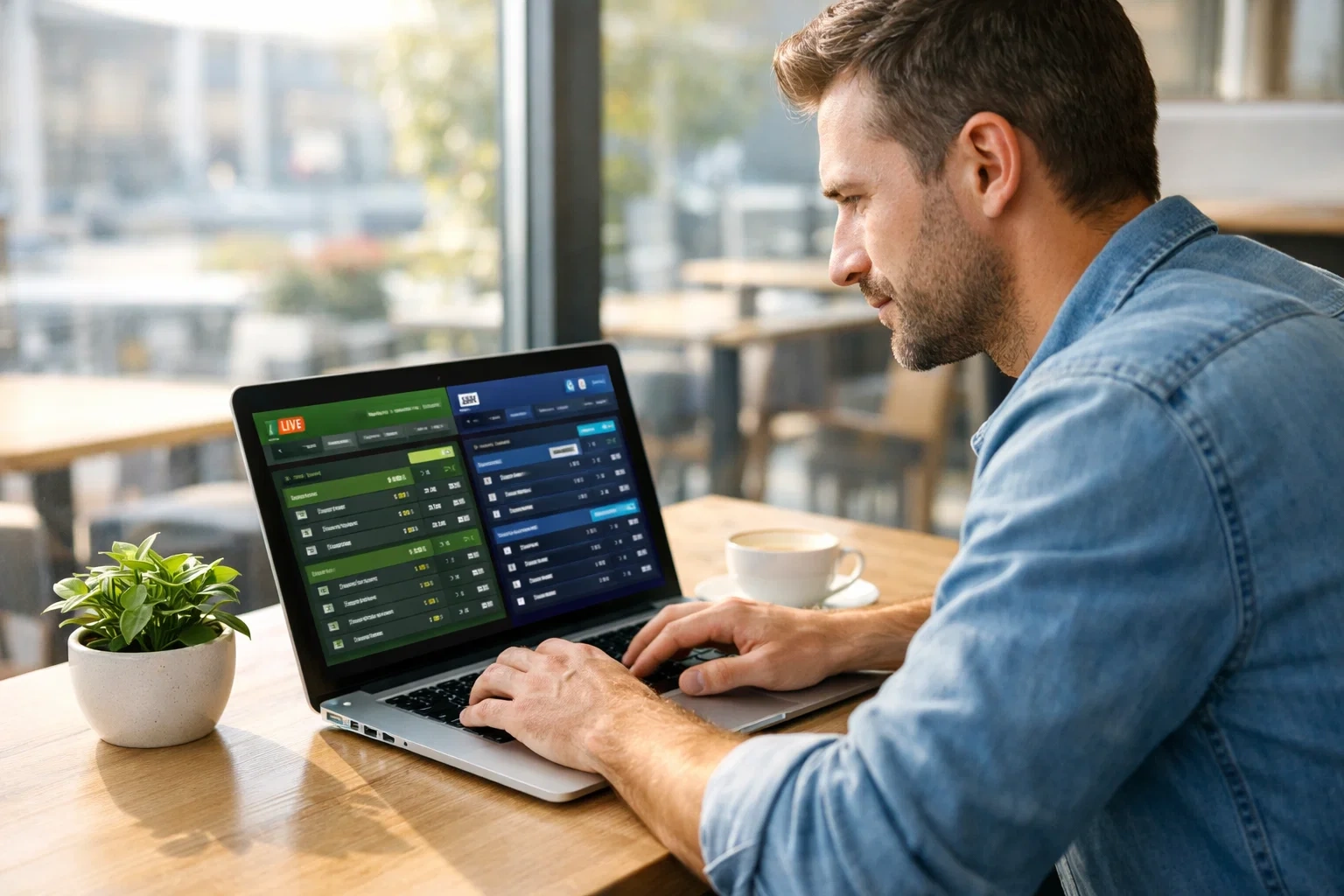 Persona usando un port&aacute;til en una cafeter&iacute;a con luz natural entrando por la ventana