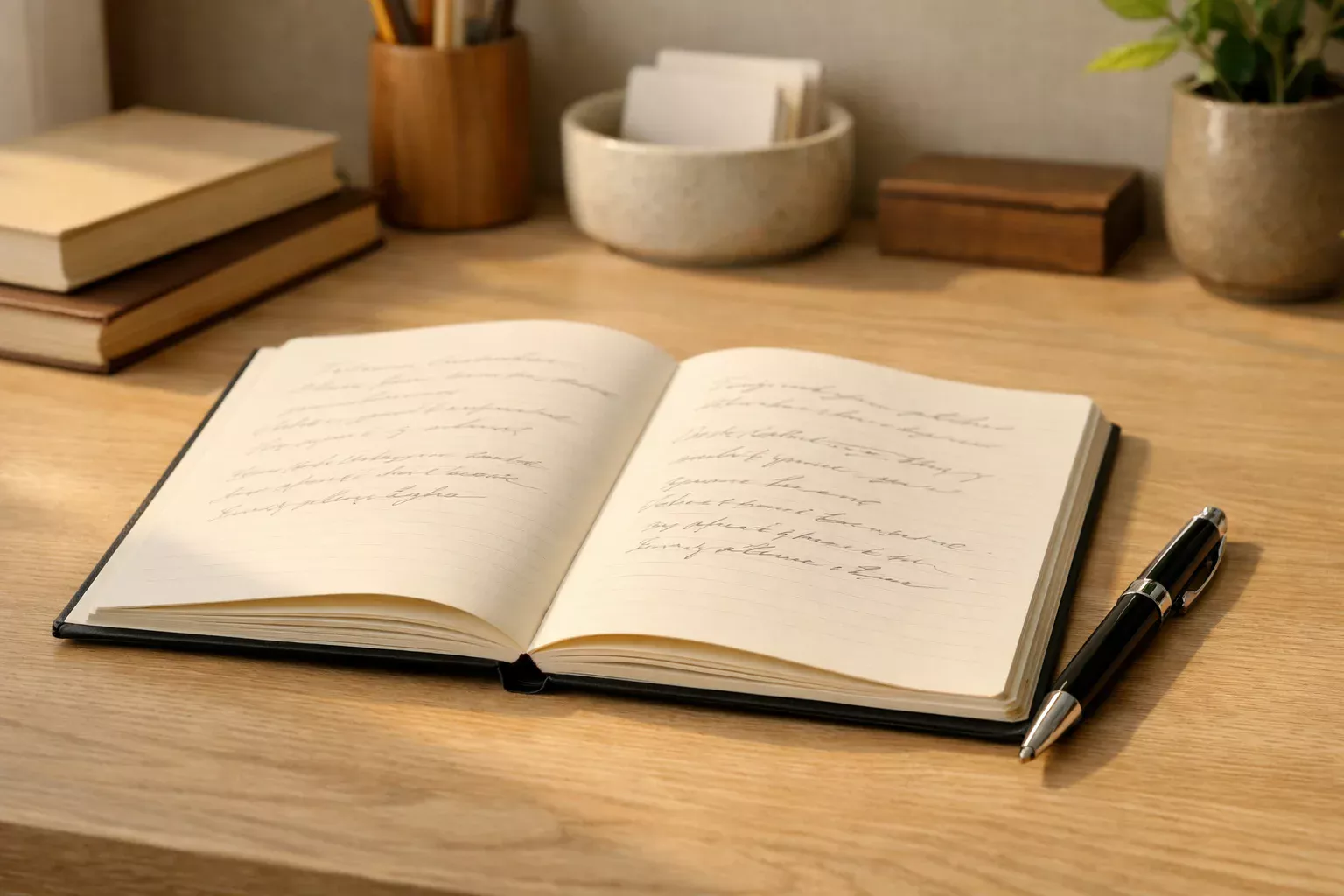 Cuaderno abierto con anotaciones y un bol&iacute;grafo sobre un escritorio