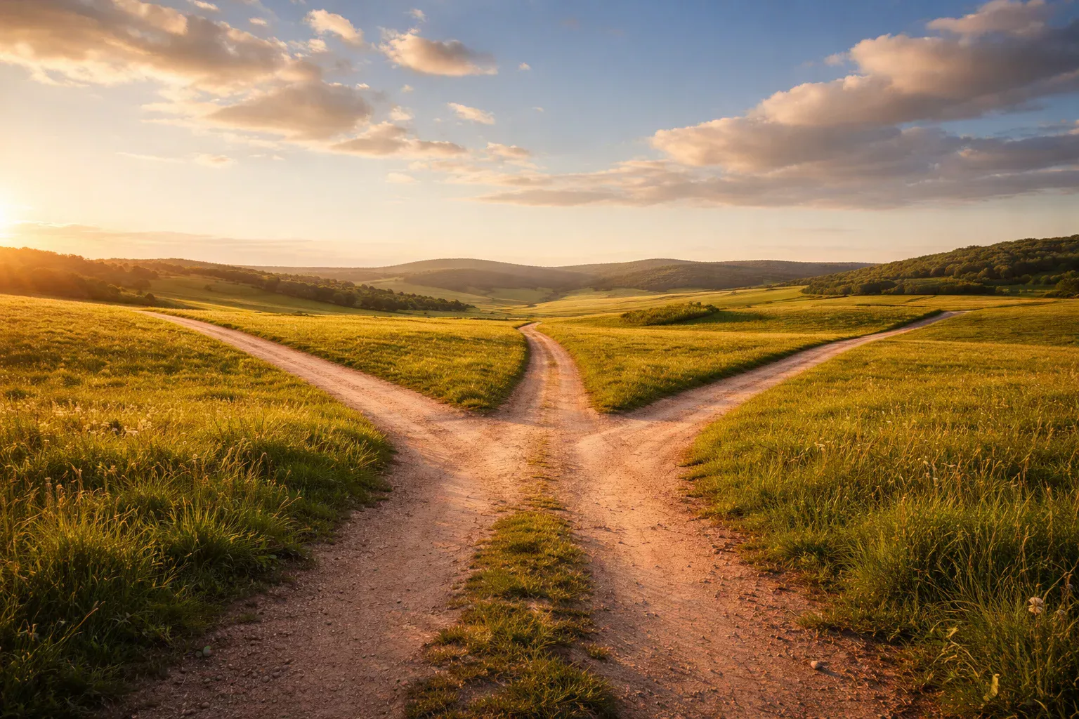 Camino que se bifurca en varias direcciones en un paisaje abierto