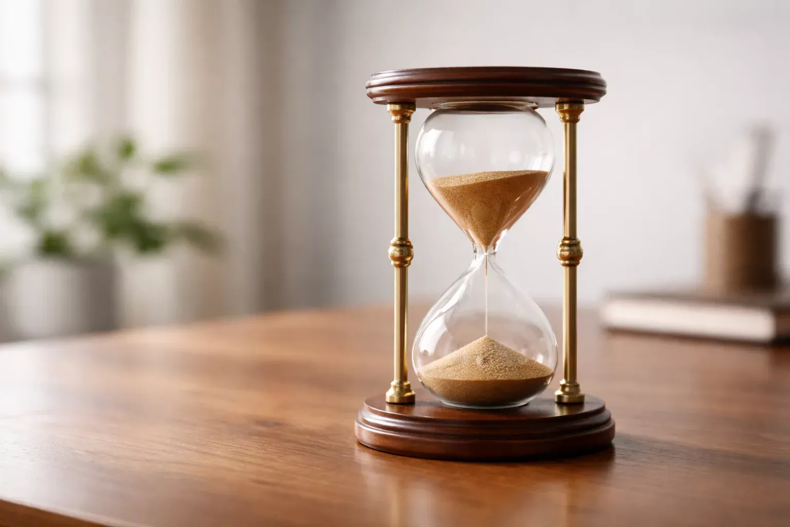 Reloj de arena sobre escritorio simbolizando paciencia y tiempo