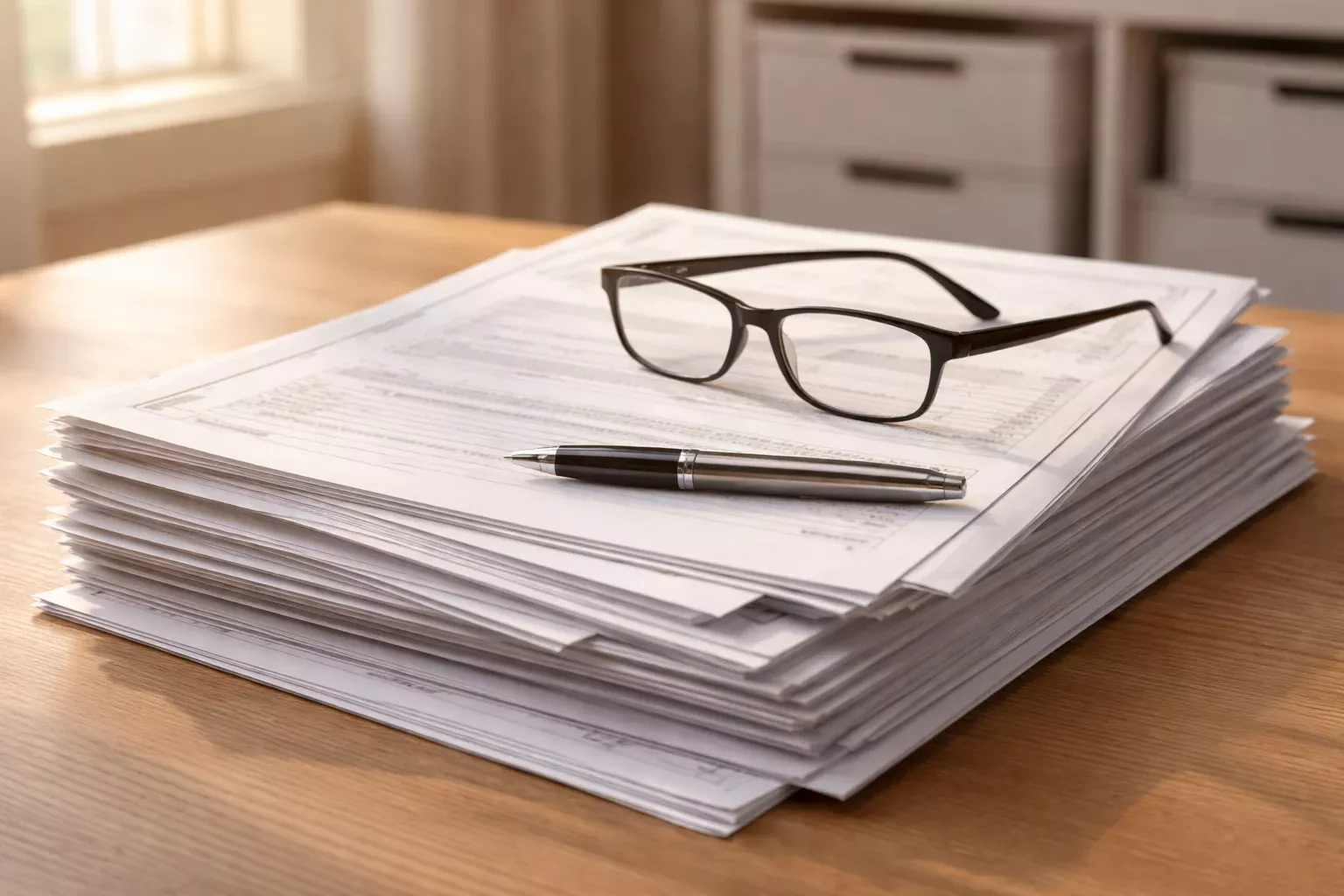 Escritorio con documentos oficiales, un bol&iacute;grafo y gafas de lectura bajo luz natural