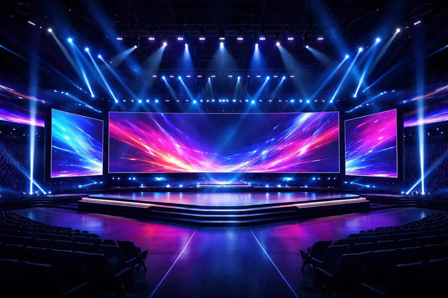 Arena de eSports con escenario iluminado y pantallas gigantes