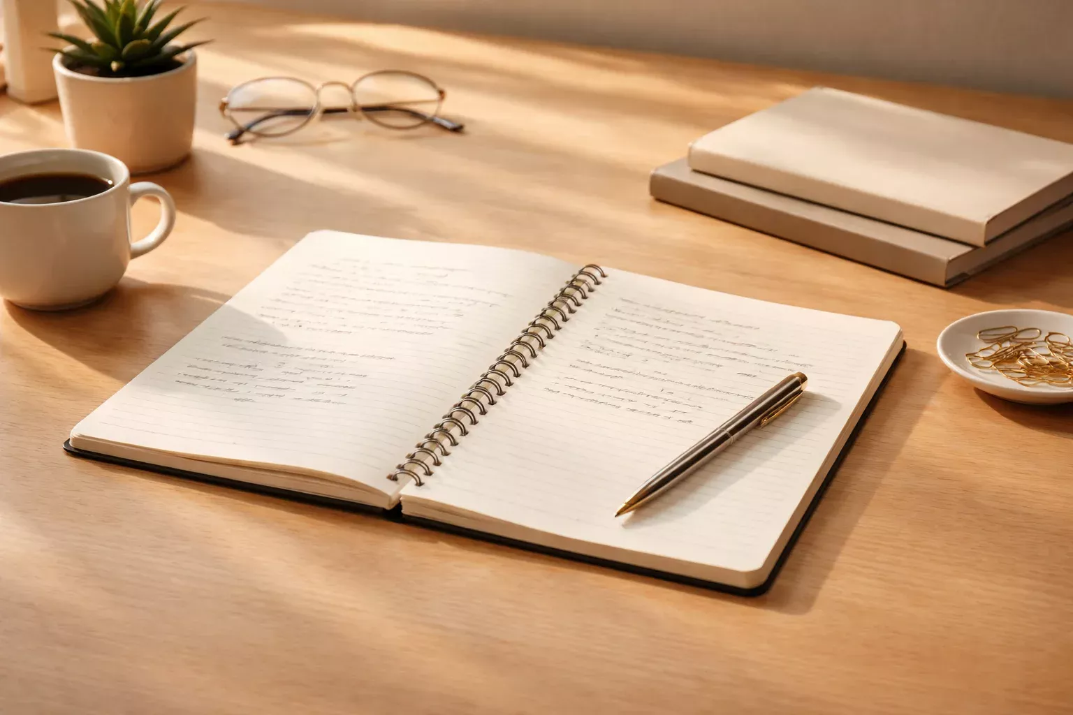 Cuaderno con anotaciones y calculadora sobre escritorio organizado