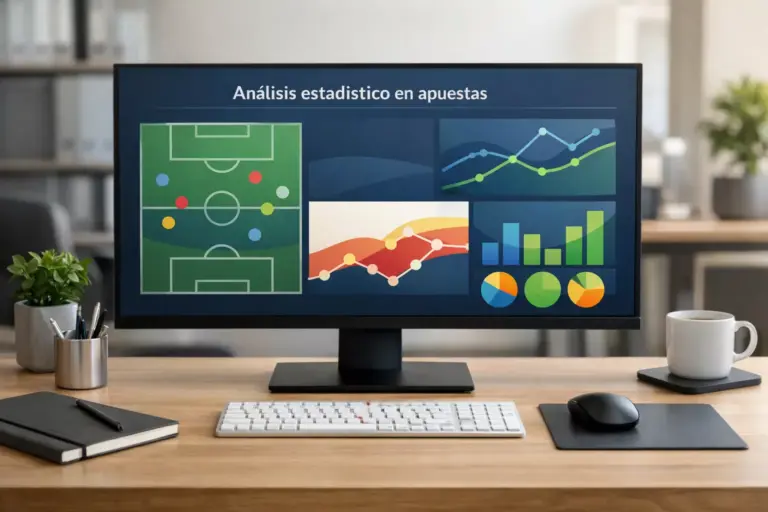 Pantalla de ordenador mostrando gráficos y estadísticas deportivas en una oficina moderna