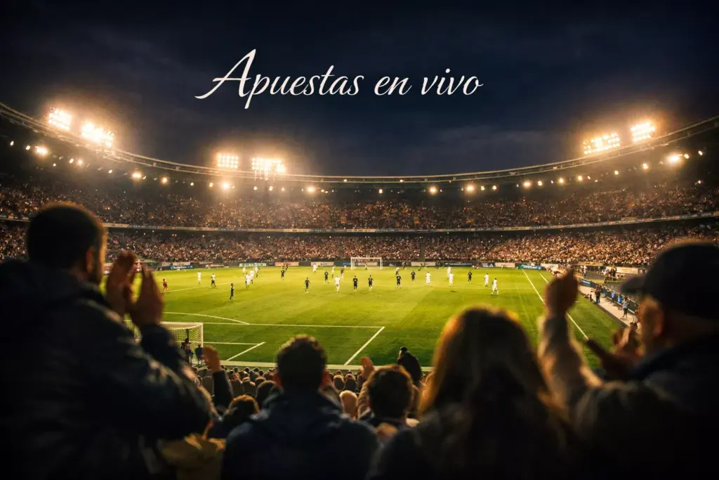 Estadio de fútbol iluminado durante un partido nocturno con aficionados en las gradas
