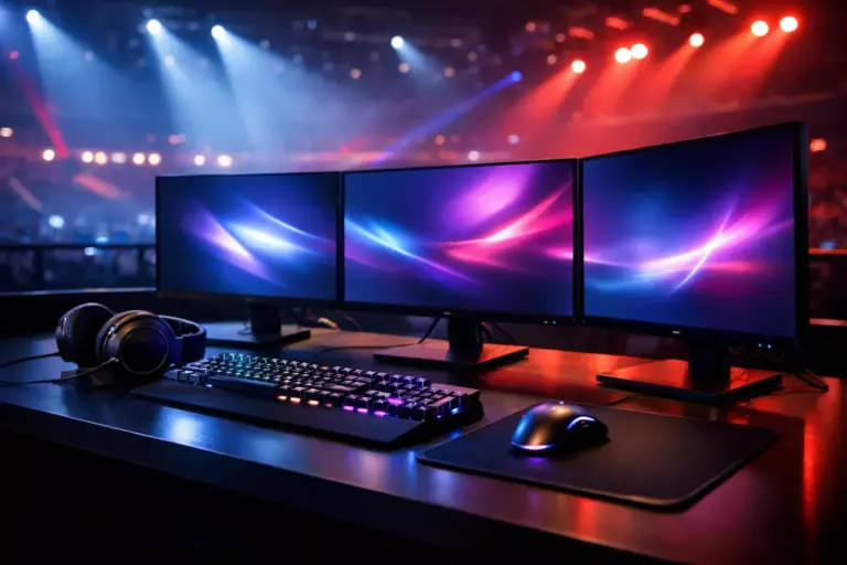 Setup gaming profesional con monitores y teclado iluminado en competición