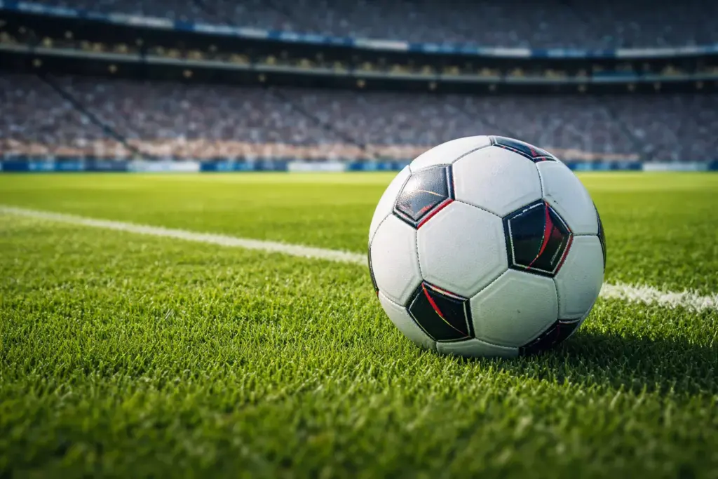 Balón de fútbol sobre césped verde de un estadio profesional