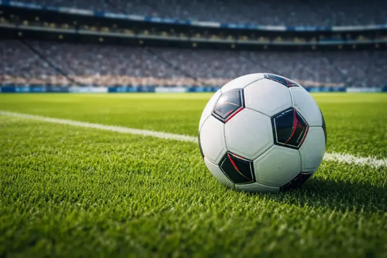 Balón de fútbol sobre césped verde de un estadio profesional