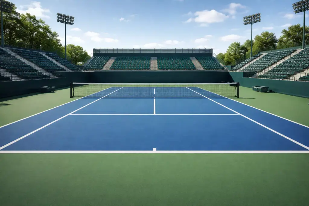 Pista de tenis profesional con red visible y líneas marcadas
