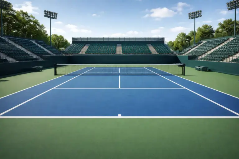 Pista de tenis profesional con red visible y líneas marcadas