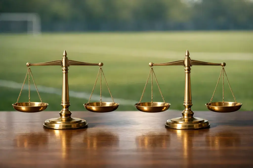 Dos balanzas equilibradas sobre un fondo de campo deportivo simbolizando el balance del arbitraje