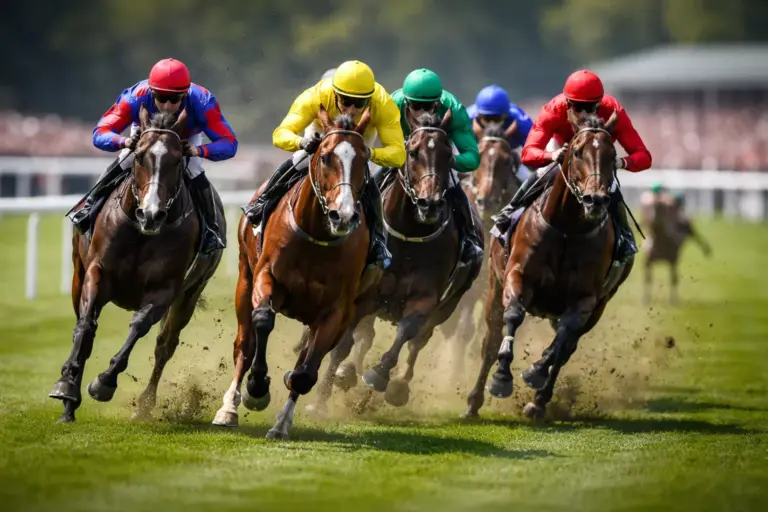 Caballos de carreras galopando en hipódromo con jinetes