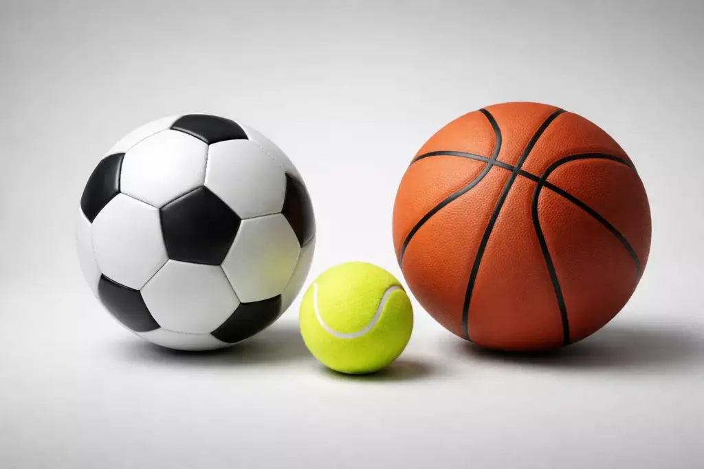 Balón de fútbol, pelota de tenis y balón de baloncesto sobre superficie neutra