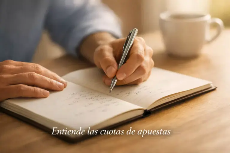 Primer plano de manos sosteniendo un bolígrafo sobre un cuaderno con anotaciones numéricas