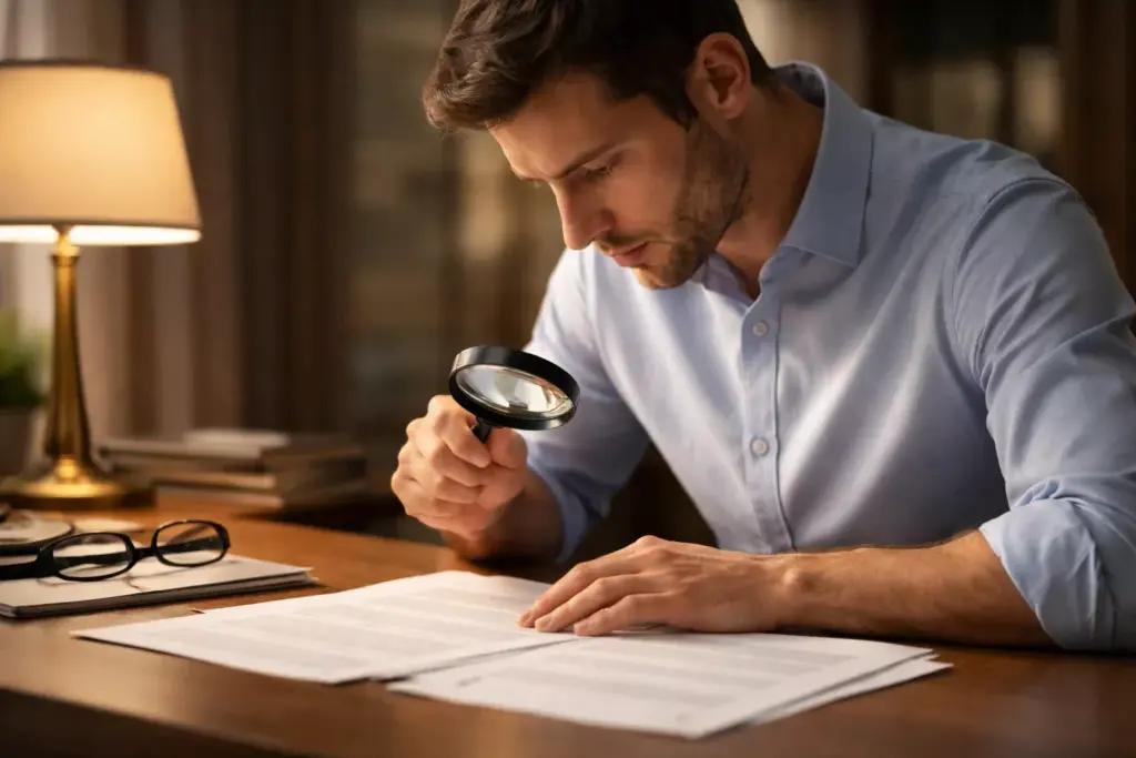 Persona analizando documentos con lupa en un escritorio iluminado
