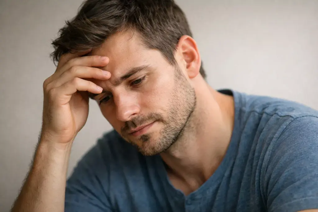 Persona con expresión pensativa mirando hacia abajo con la mano en la frente