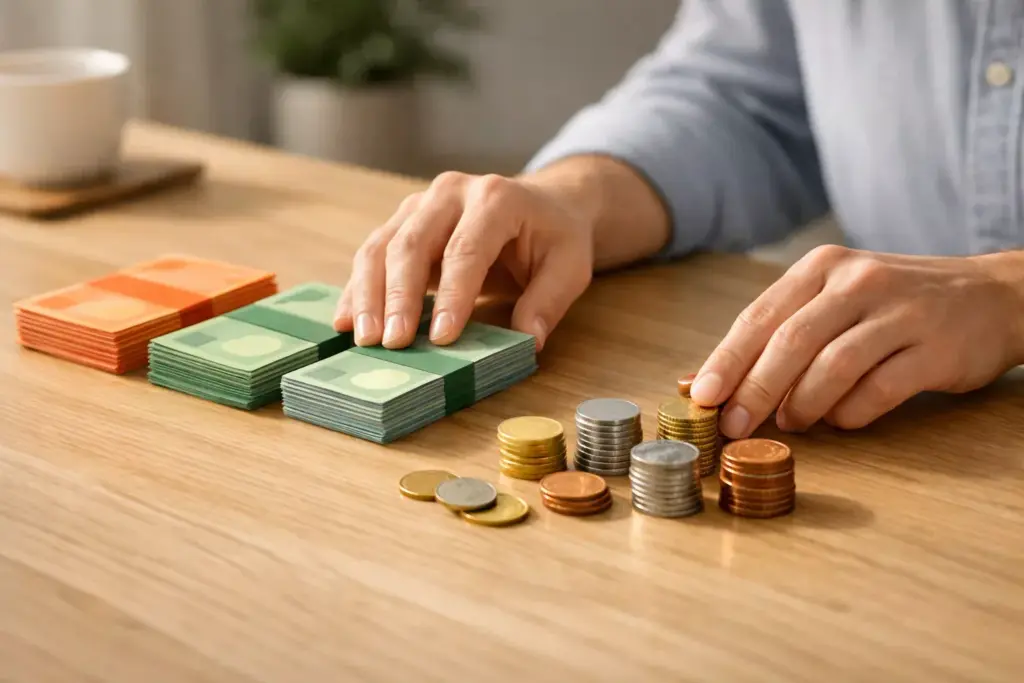 Manos organizando billetes y monedas sobre una mesa de madera con luz natural