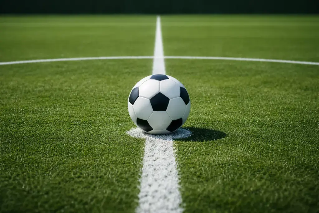 Balón de fútbol posicionado en el centro de un campo con líneas blancas marcadas