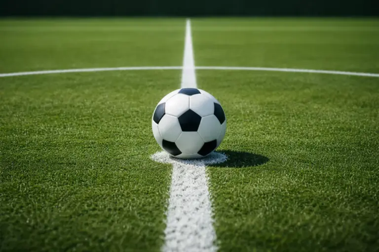 Balón de fútbol posicionado en el centro de un campo con líneas blancas marcadas