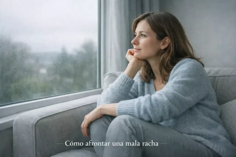 Persona sentada mirando por una ventana con expresión reflexiva en un día nublado
