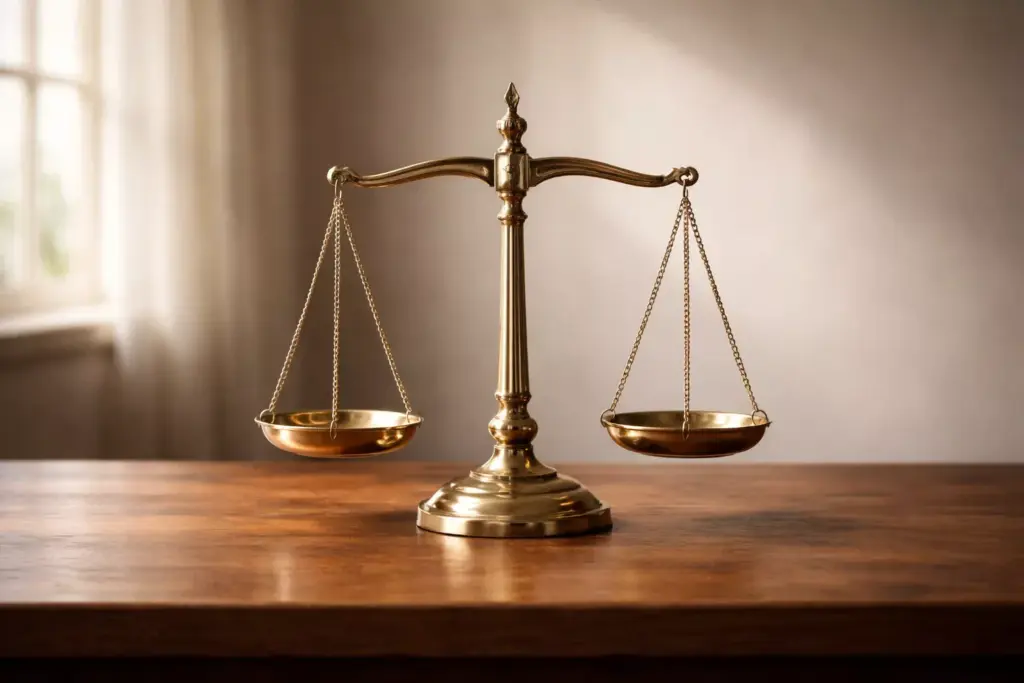 Balanza de metal en equilibrio sobre una mesa de madera con luz natural lateral