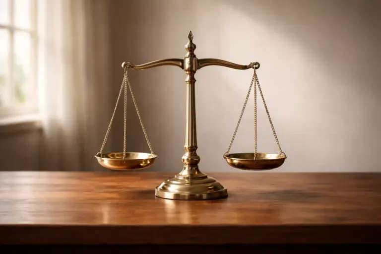 Balanza de metal en equilibrio sobre una mesa de madera con luz natural lateral