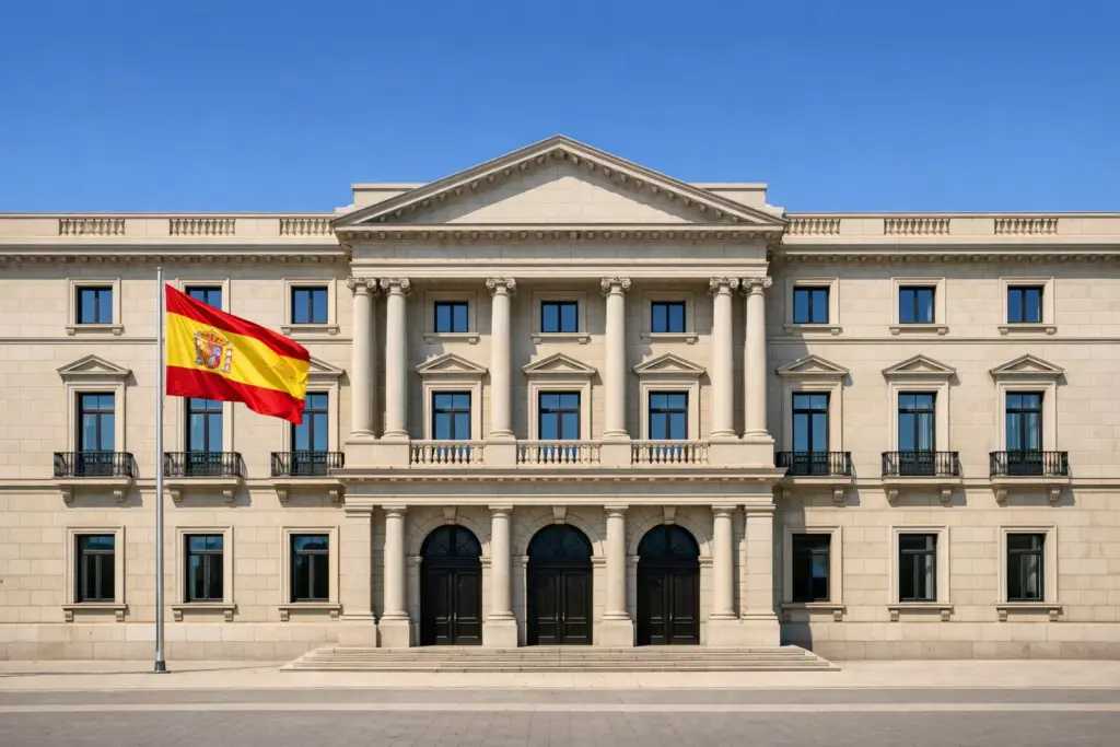 Edificio institucional español con bandera de España ondeando bajo un cielo azul