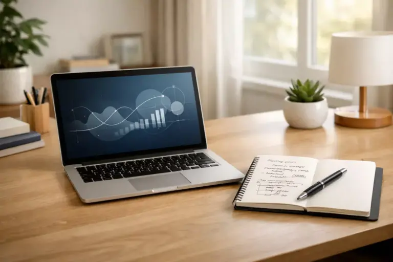 Escritorio con ordenador portátil mostrando gráficos y cuaderno de notas