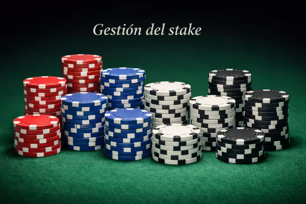 Fichas de póker apiladas ordenadamente sobre una superficie de fieltro verde