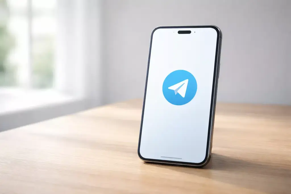 Smartphone mostrando la aplicación Telegram sobre una mesa con luz natural