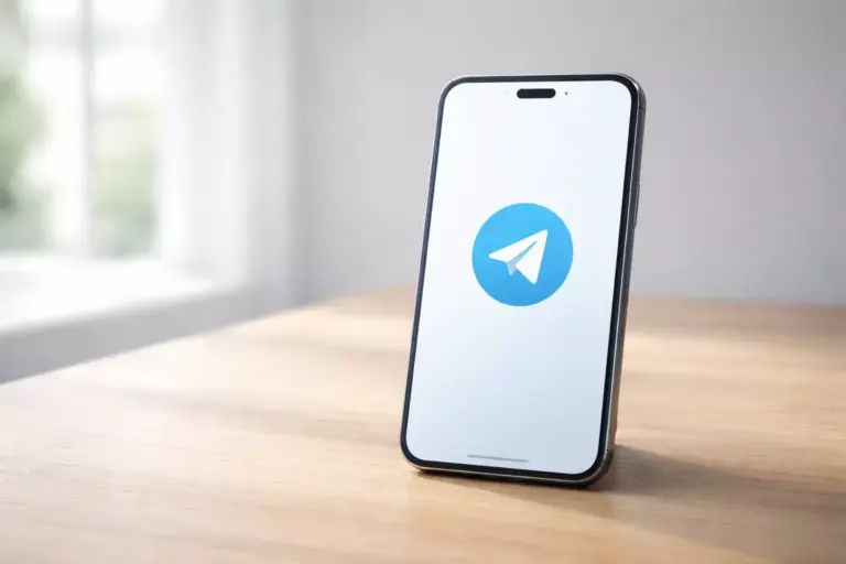 Smartphone mostrando la aplicación Telegram sobre una mesa con luz natural