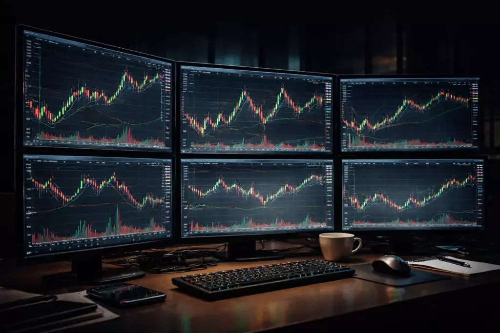 Pantallas de trading mostrando gráficos de mercados financieros con líneas verdes y rojas
