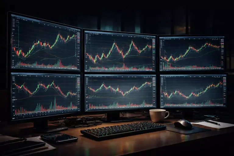 Pantallas de trading mostrando gráficos de mercados financieros con líneas verdes y rojas